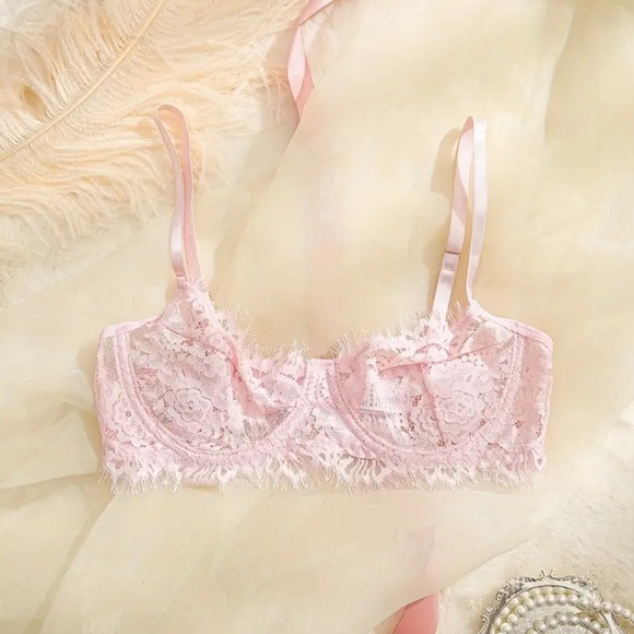 Gigi Angelic Pink Lace Sexy Lingerie Matching Semi Sheer Bra + Panty Thong Set - Picture 3 of 5